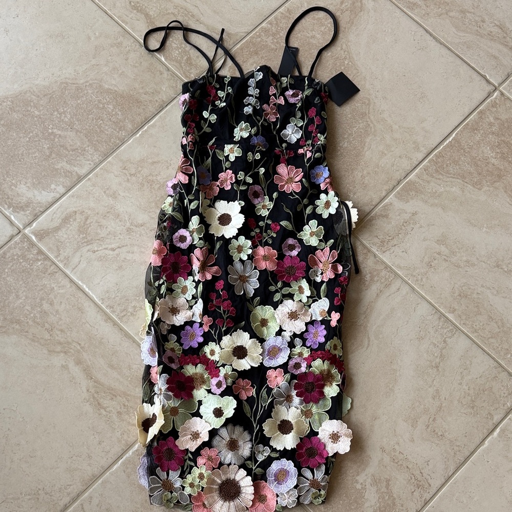 Lulus Thriving Energy Black 3D Floral Embroidered Lace-Up Midi Dress